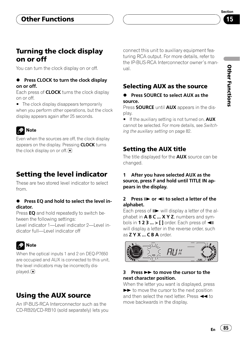 Turning the clockdisplay on or off, Setting the level indicator, Using the aux source | Other functions | Pioneer DVH-P5650MP User Manual | Page 85 / 102