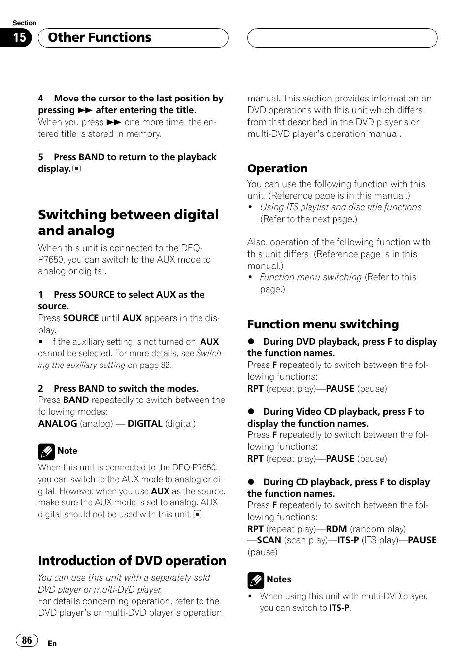 Switching between digital and analog, Introduction of dvd operation, Other functions | Operation, Function menu switching | Pioneer DVH-P5650MP User Manual | Page 86 / 102