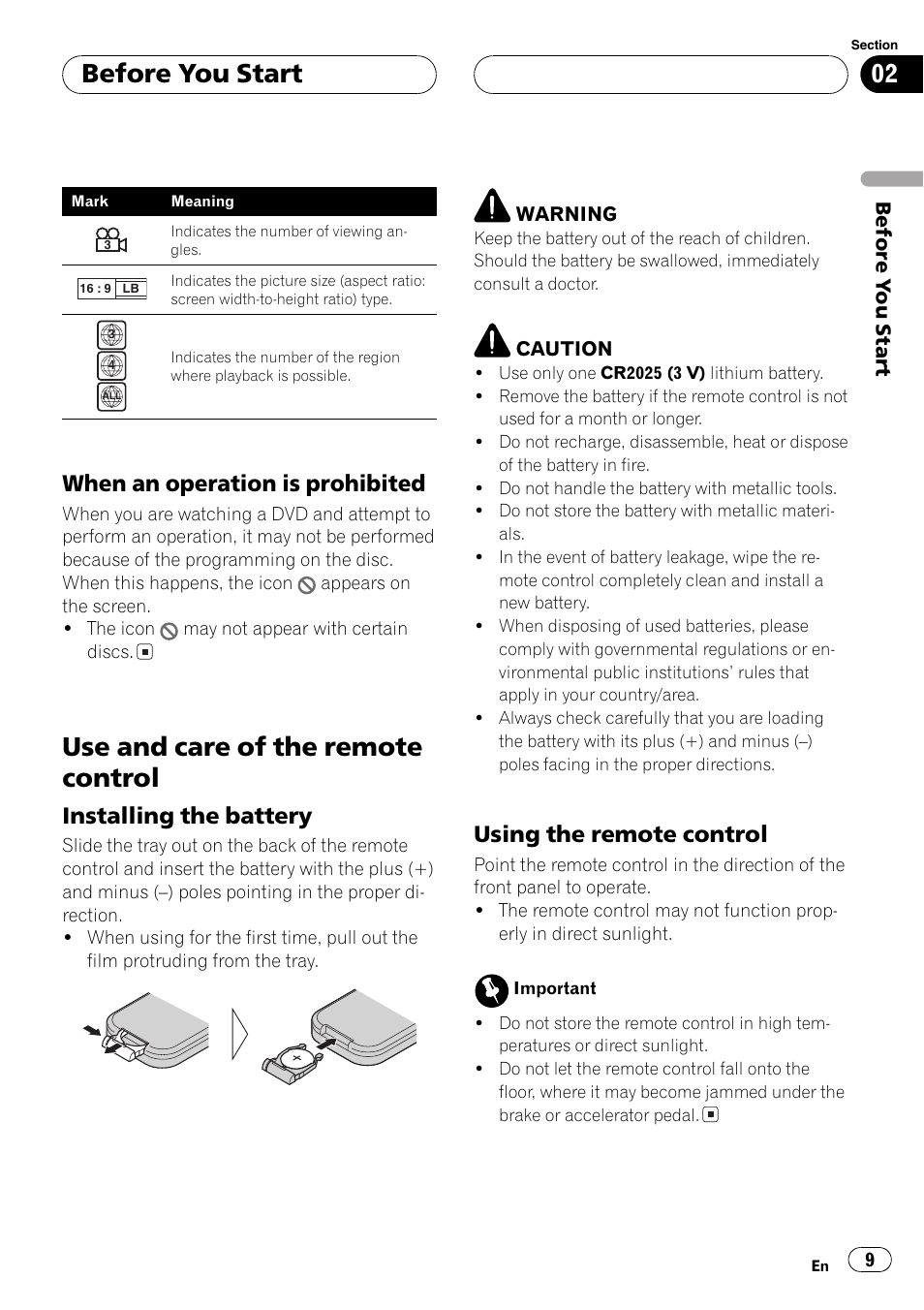When an operation is prohibited 9, Use and care of the remote control 9, Use and care of the remote control | Before you start, When an operation is prohibited, Installing the battery, Using the remote control | Pioneer DVH-P5650MP User Manual | Page 9 / 102