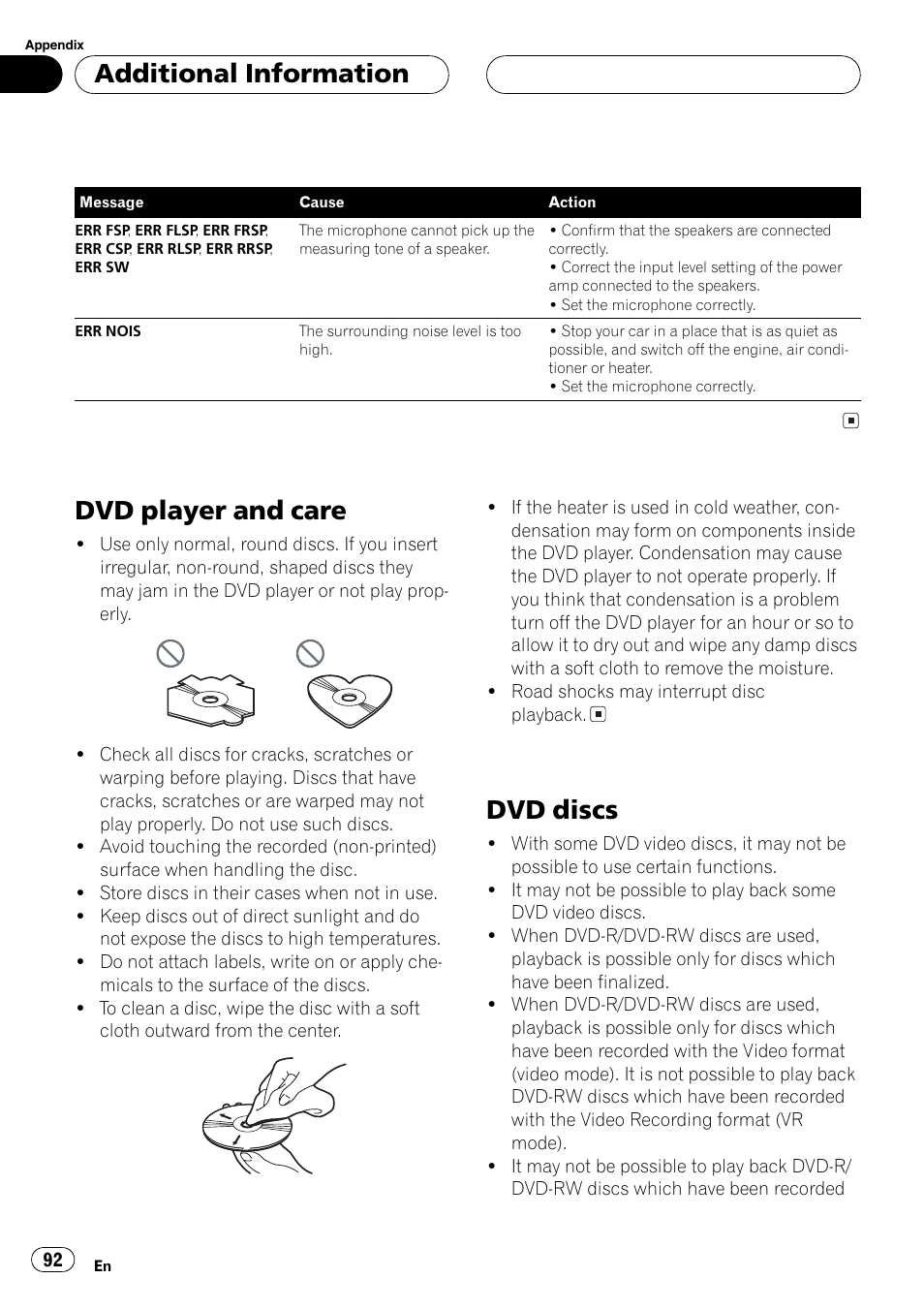 Dvd player and care 92 dvd discs 92, Dvd player and care, Dvd discs | Additional information | Pioneer DVH-P5650MP User Manual | Page 92 / 102