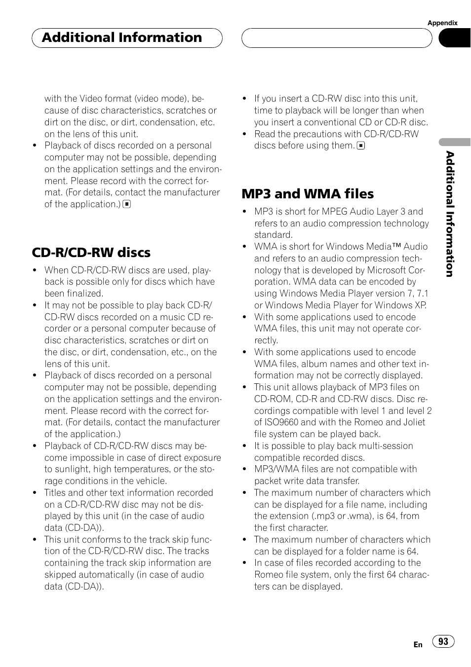 Cd-r/cd-rw discs 93 mp3 and wma files 93, Cd-r/cd-rw discs, Mp3 and wma files | Additional information | Pioneer DVH-P5650MP User Manual | Page 93 / 102