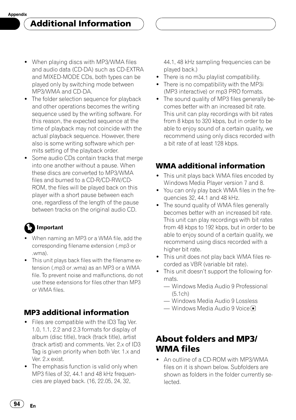 About folders and mp3/wma files 94, About folders and mp3/ wma files, Additional information | Mp3 additional information, Wma additional information | Pioneer DVH-P5650MP User Manual | Page 94 / 102