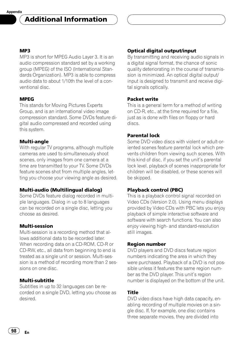 Additional information | Pioneer DVH-P5650MP User Manual | Page 98 / 102