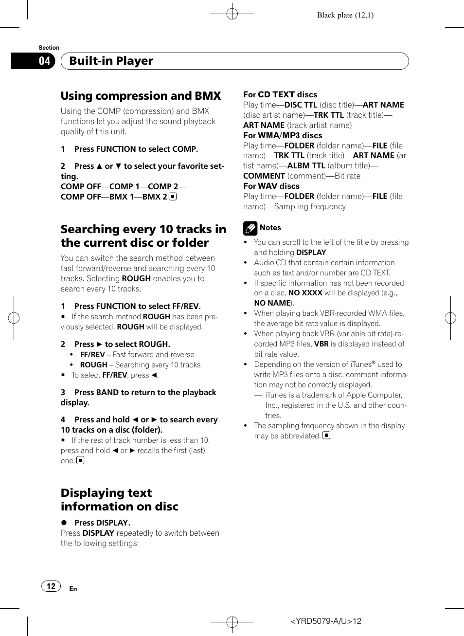 Using compression and bmx, Searching every 10 tracks in the current disc, Or folder | Displaying text information on disc, Built-in player | Pioneer Super Tuner III D DEH-P3950MP User Manual | Page 12 / 92