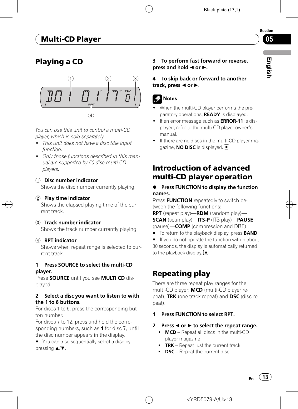 Multi-cd player playing a cd, Introduction of advanced multi-cd player, Operation | Repeating play, Playing a cd, Introduction of advanced multi-cd player operation, Multi-cd player | Pioneer Super Tuner III D DEH-P3950MP User Manual | Page 13 / 92