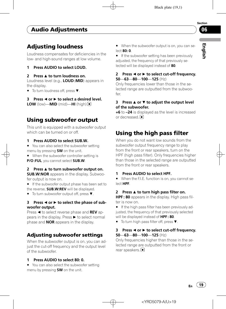 Adjusting loudness, Using subwoofer output, Adjusting subwoofer settings 19 | Using the high pass filter, Audio adjustments, Adjusting subwoofer settings | Pioneer Super Tuner III D DEH-P3950MP User Manual | Page 19 / 92