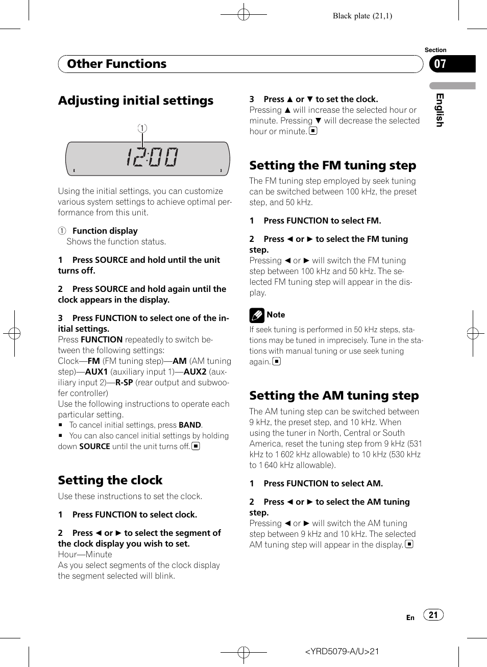 Other functions adjusting initial settings, Setting the clock, Setting the fm tuning step | Setting the am tuning step, Adjusting initial settings, Other functions | Pioneer Super Tuner III D DEH-P3950MP User Manual | Page 21 / 92