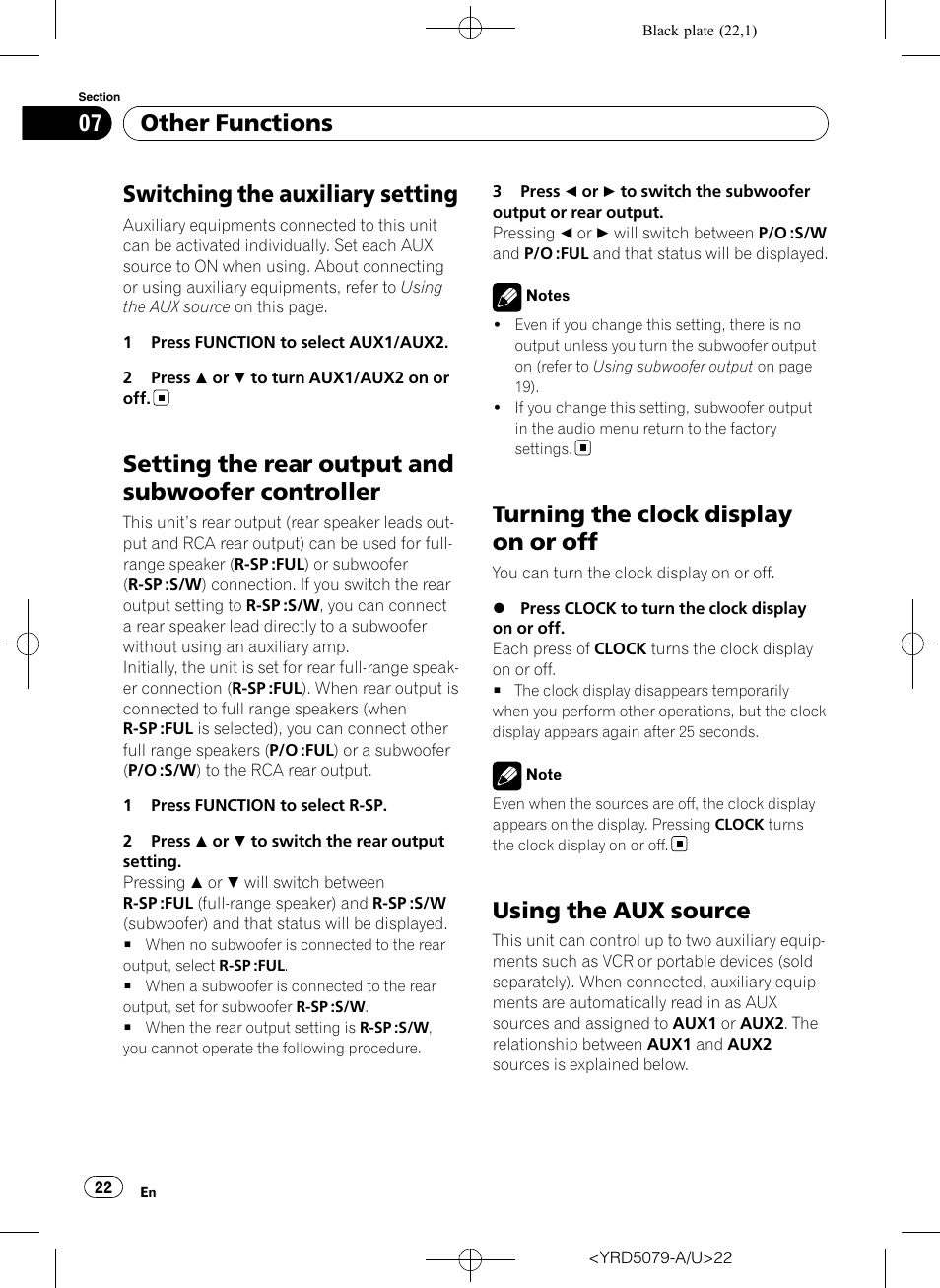 Switching the auxiliary setting, Setting the rear output and subwoofer, Controller | Turning the clock display on or off, Using the aux source, Setting the rear output and subwoofer controller, Other functions | Pioneer Super Tuner III D DEH-P3950MP User Manual | Page 22 / 92