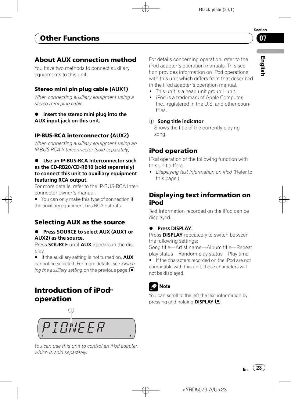 About aux connection method 23, Selecting aux as the source 23, Introduction of ipod® operation | Ipod operation 23, Displaying text information on, Ipod, Introduction of ipod, Operation, Other functions | Pioneer Super Tuner III D DEH-P3950MP User Manual | Page 23 / 92