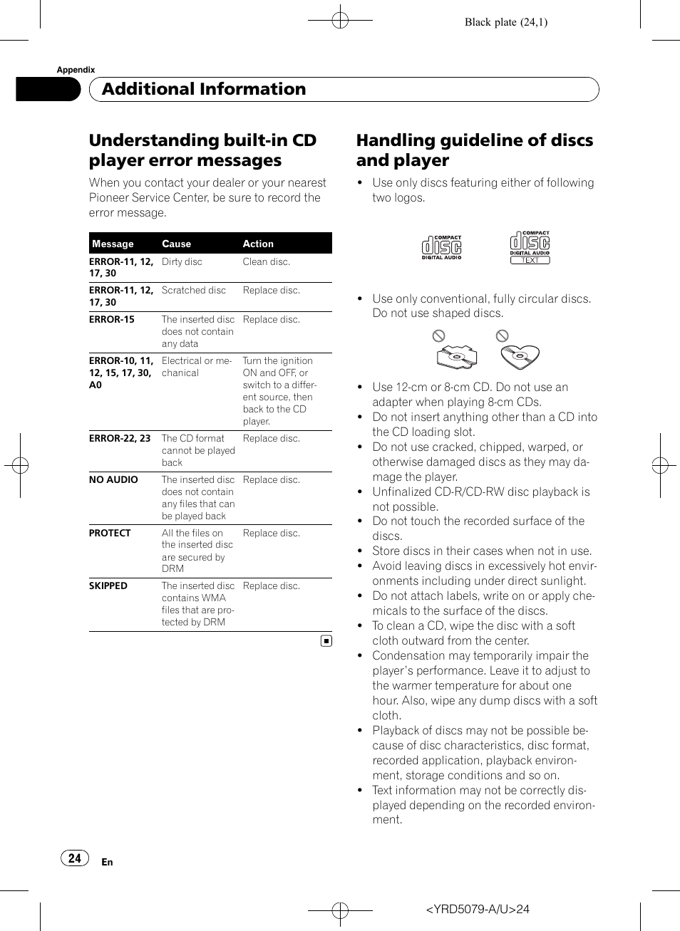 Messages, Handling guideline of discs and player, Understanding built-in cd player error messages | Additional information | Pioneer Super Tuner III D DEH-P3950MP User Manual | Page 24 / 92