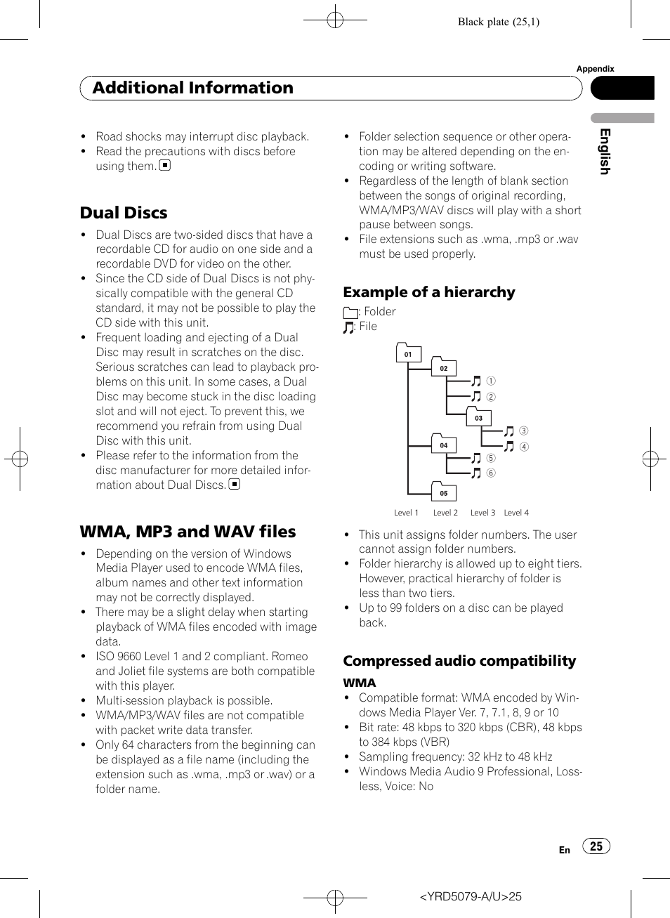 Dual discs, Wma, mp3 and wav files, Example of a hierarchy 25 | Compressed audio compatibility 25, Additional information, Example of a hierarchy, Compressed audio compatibility | Pioneer Super Tuner III D DEH-P3950MP User Manual | Page 25 / 92