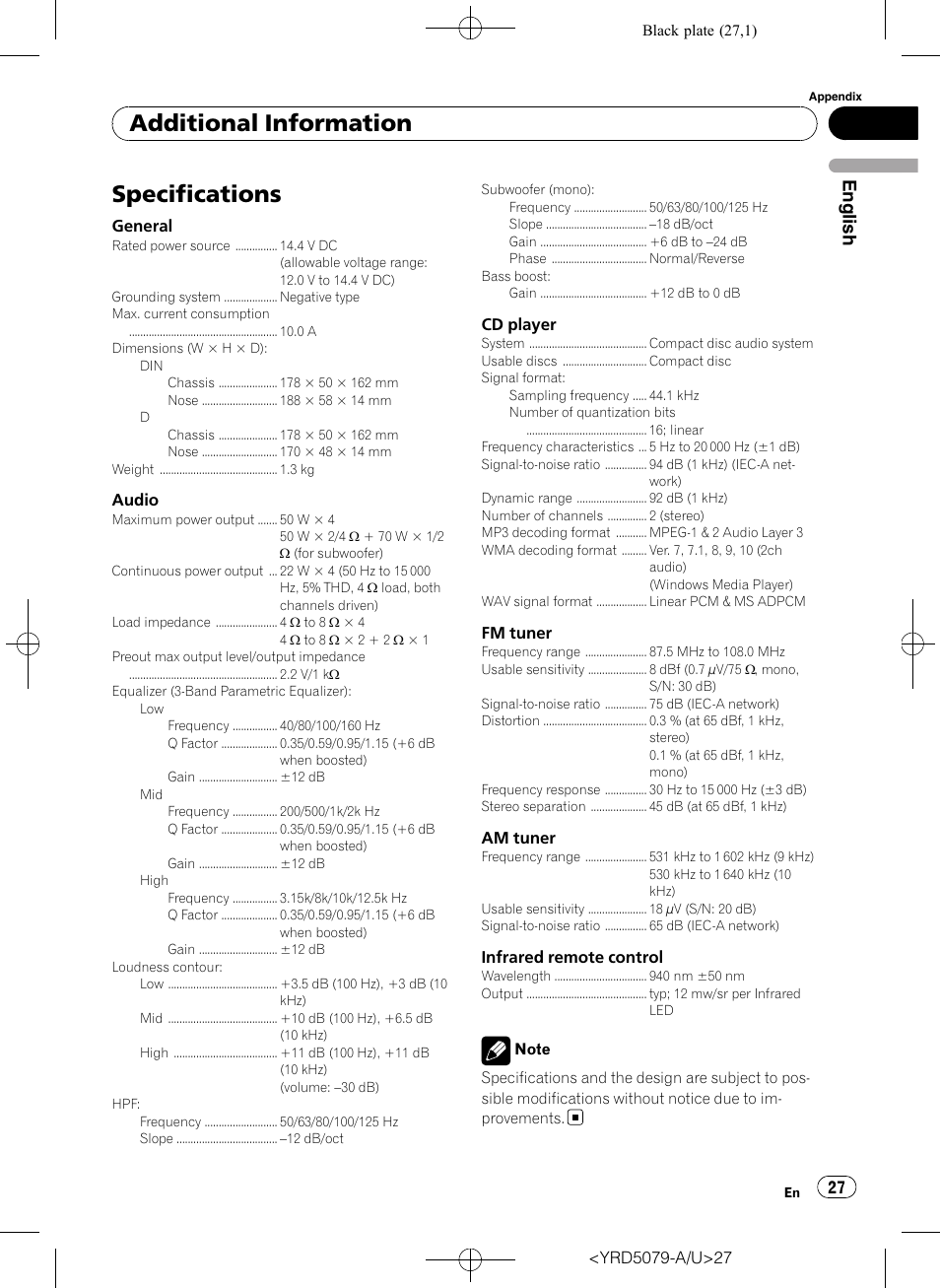 Specifications, Additional information, English | Pioneer Super Tuner III D DEH-P3950MP User Manual | Page 27 / 92