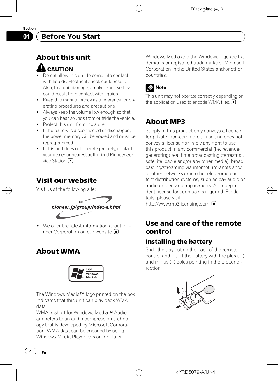Before you start, About this unit, Visit our website | About wma, About mp3, Use and care of the remote control, Installing the battery 4 | Pioneer Super Tuner III D DEH-P3950MP User Manual | Page 4 / 92