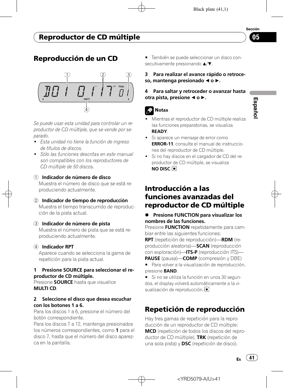 Reproductor de cd múltiple reproducción de un cd, Introducción a las funciones avanzadas del, Reproductor de cd múltiple | Repetición de reproducción, Reproducción de un cd | Pioneer Super Tuner III D DEH-P3950MP User Manual | Page 41 / 92