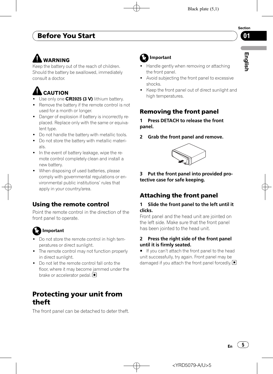 Using the remote control 5, Protecting your unit from theft, Removing the front panel 5 | Attaching the front panel 5, Before you start, Using the remote control, Removing the front panel, Attaching the front panel | Pioneer Super Tuner III D DEH-P3950MP User Manual | Page 5 / 92