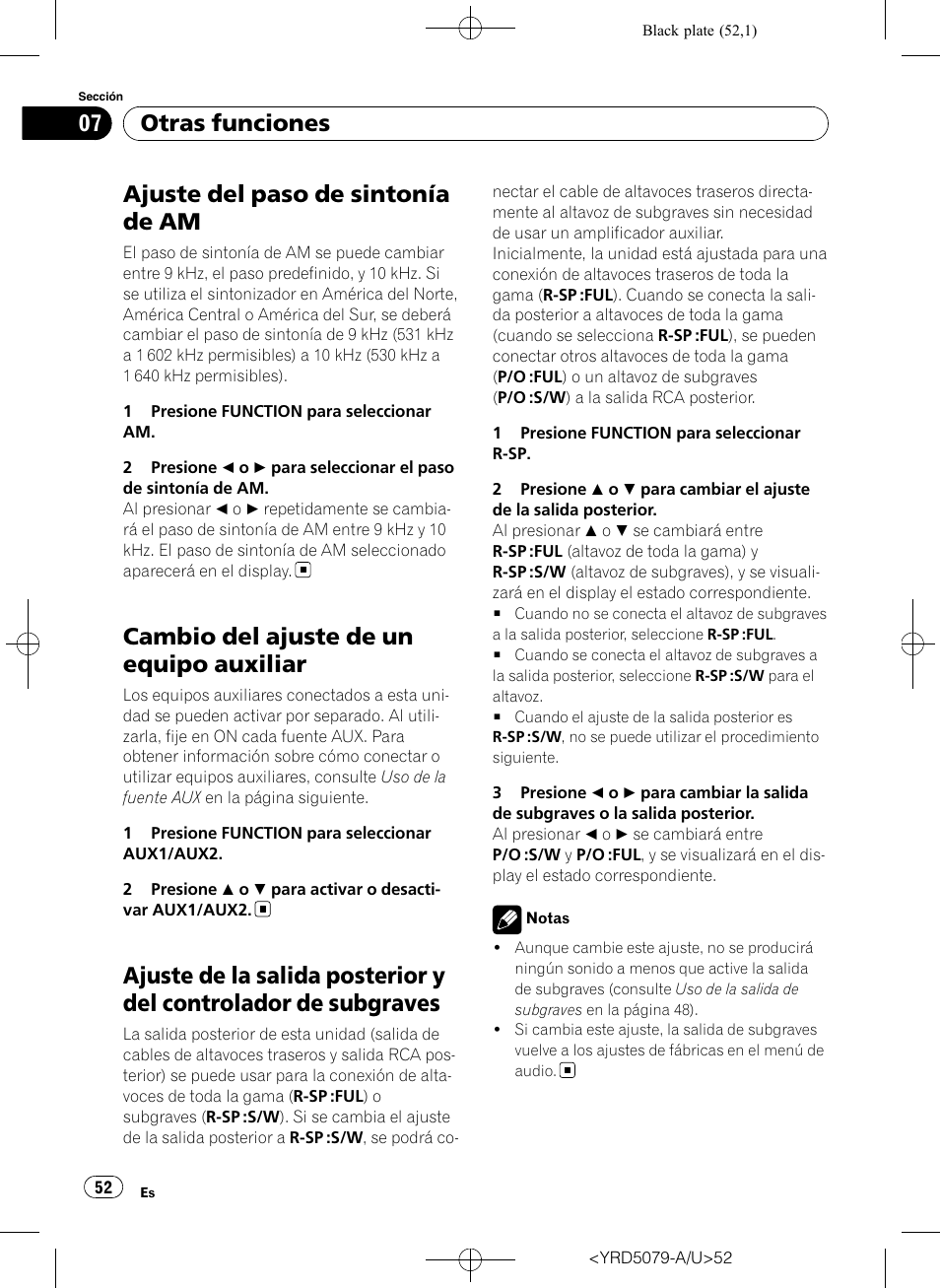 Ajuste del paso de sintonía de am, Cambio del ajuste de un equipo auxiliar, Ajuste de la salida posterior y del controlador | De subgraves, Otras funciones | Pioneer Super Tuner III D DEH-P3950MP User Manual | Page 52 / 92
