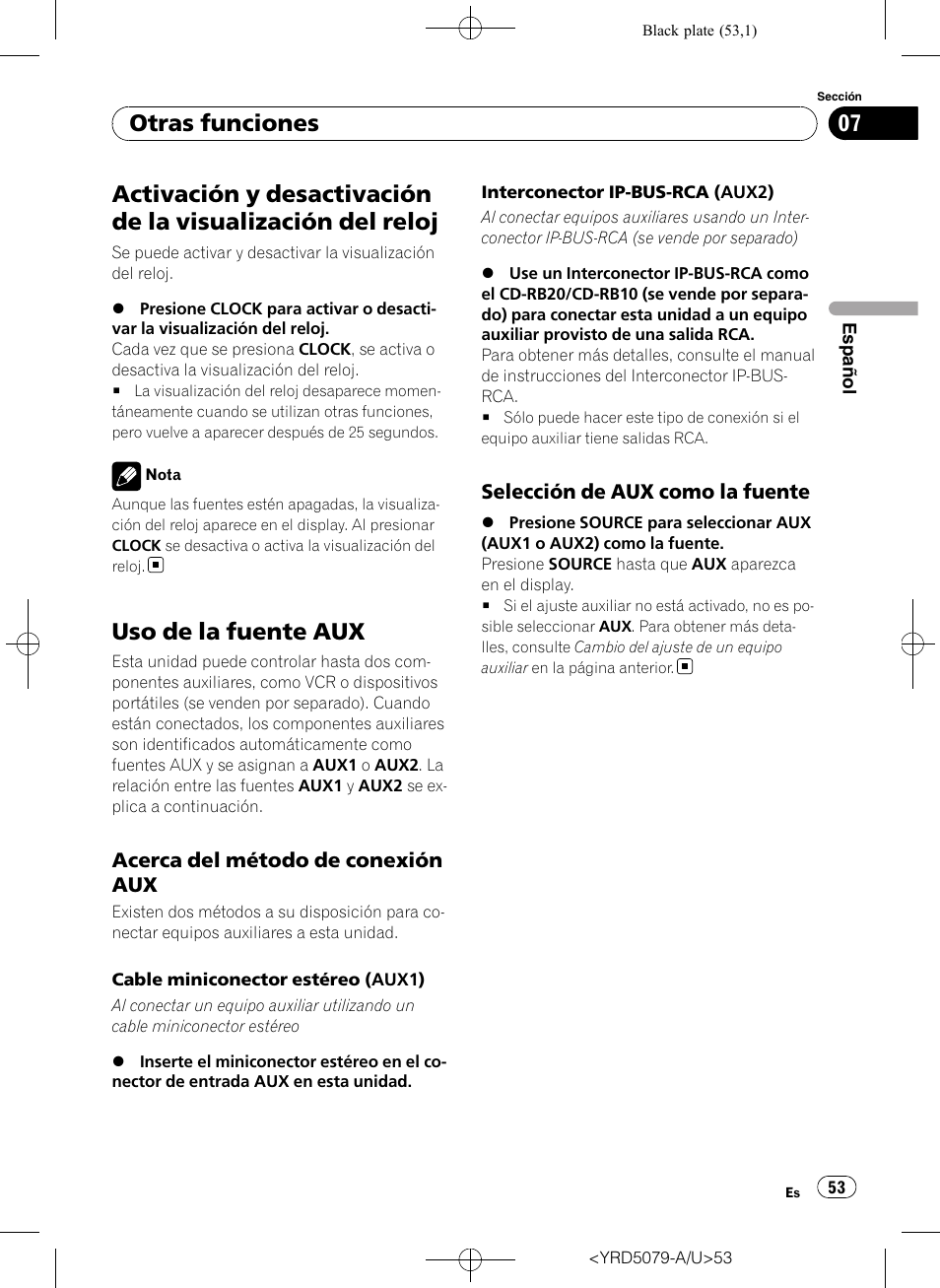 Activación y desactivación de la visualización, Del reloj, Uso de la fuente aux | Acerca del método de conexión, Selección de aux como la fuente 53, Otras funciones | Pioneer Super Tuner III D DEH-P3950MP User Manual | Page 53 / 92