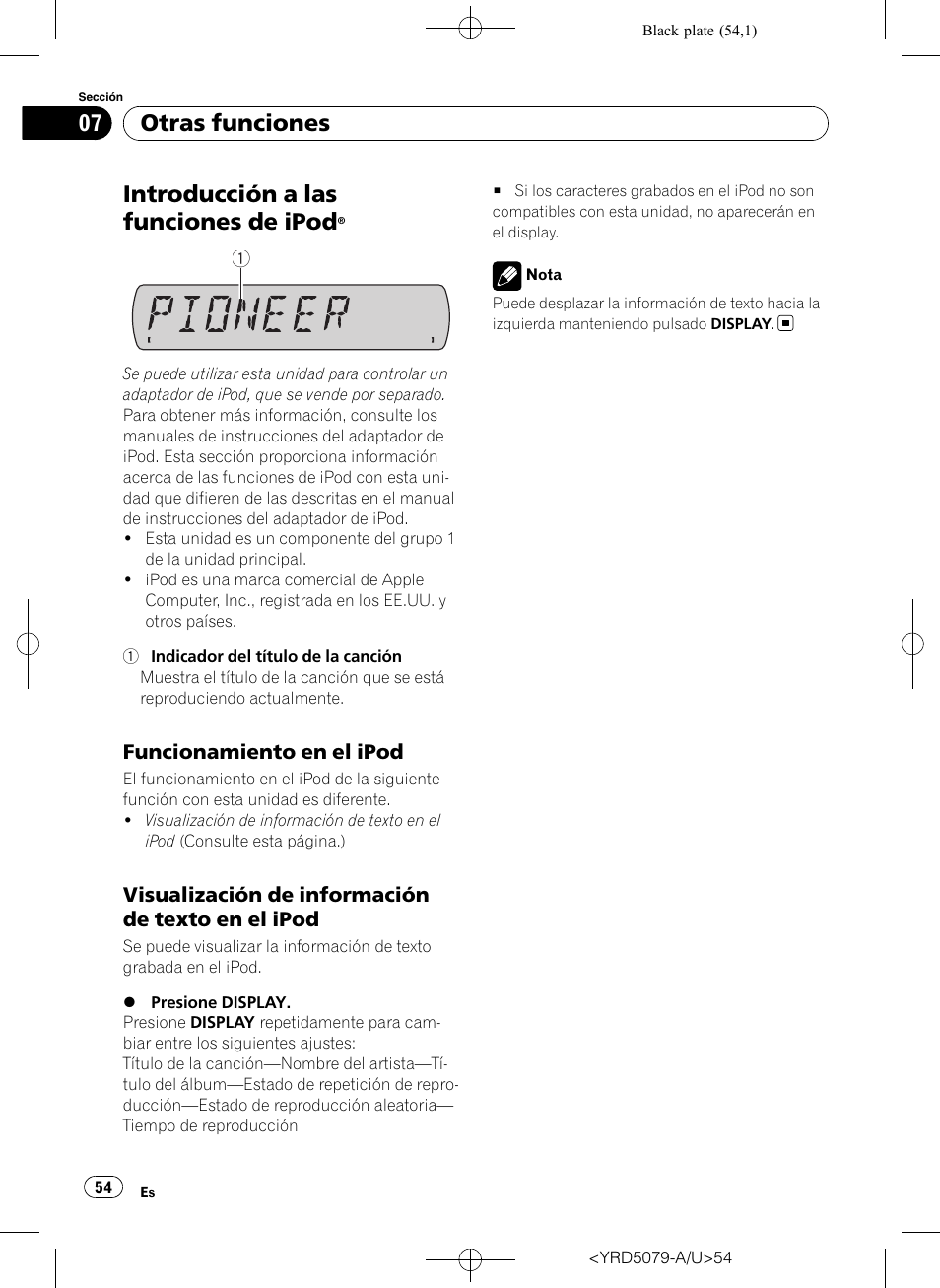 Introducción a las funciones de ipod, Funcionamiento en el ipod 54, Visualización de información de texto | En el ipod, Otras funciones | Pioneer Super Tuner III D DEH-P3950MP User Manual | Page 54 / 92