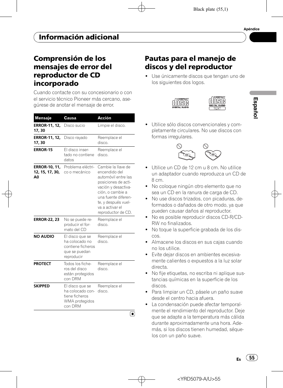 Reproductor de cd incorporado, Pautas para el manejo de discos y del, Reproductor | Pautas para el manejo de discos y del reproductor, Información adicional | Pioneer Super Tuner III D DEH-P3950MP User Manual | Page 55 / 92