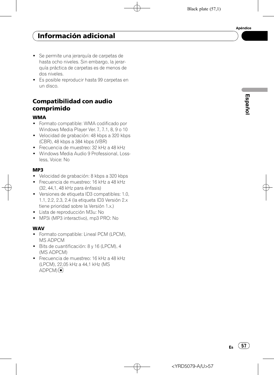 Compatibilidad con audio, Comprimido, Información adicional | Compatibilidad con audio comprimido | Pioneer Super Tuner III D DEH-P3950MP User Manual | Page 57 / 92