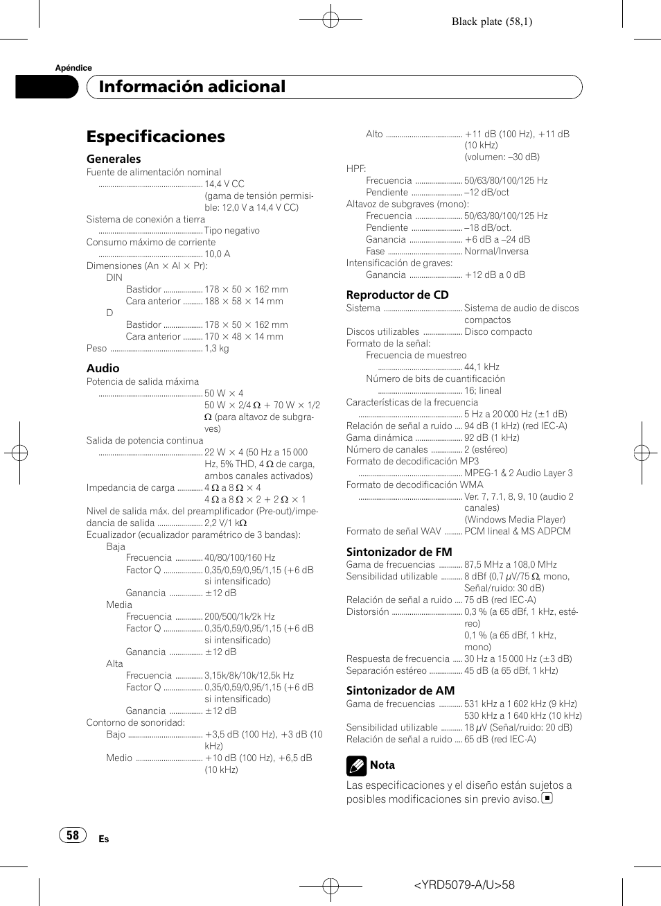 Especificaciones, Información adicional | Pioneer Super Tuner III D DEH-P3950MP User Manual | Page 58 / 92