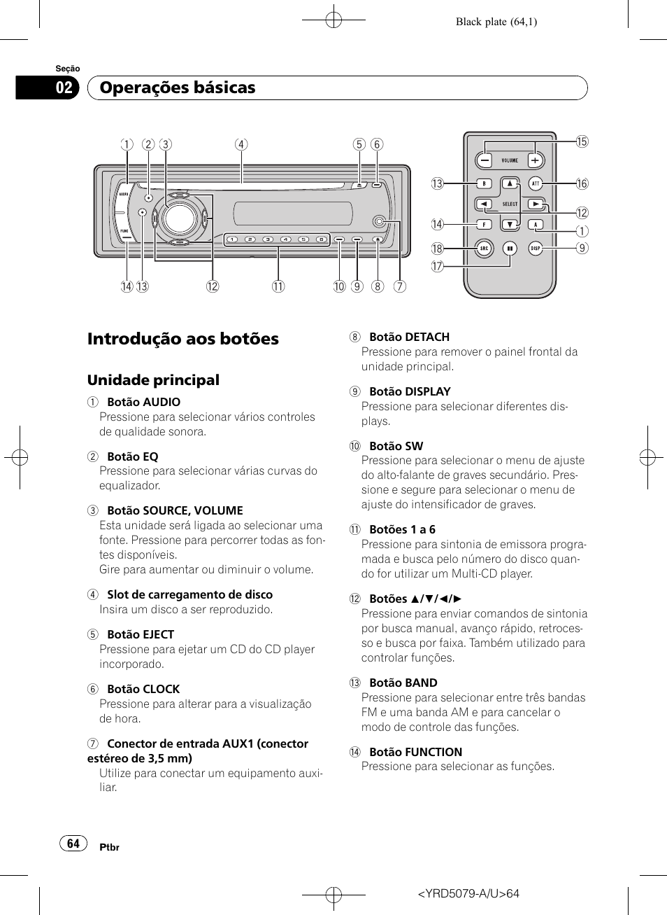 Operações básicas introdução aos botões, Unidade principal 64, Introdução aos botões | Operações básicas | Pioneer Super Tuner III D DEH-P3950MP User Manual | Page 64 / 92