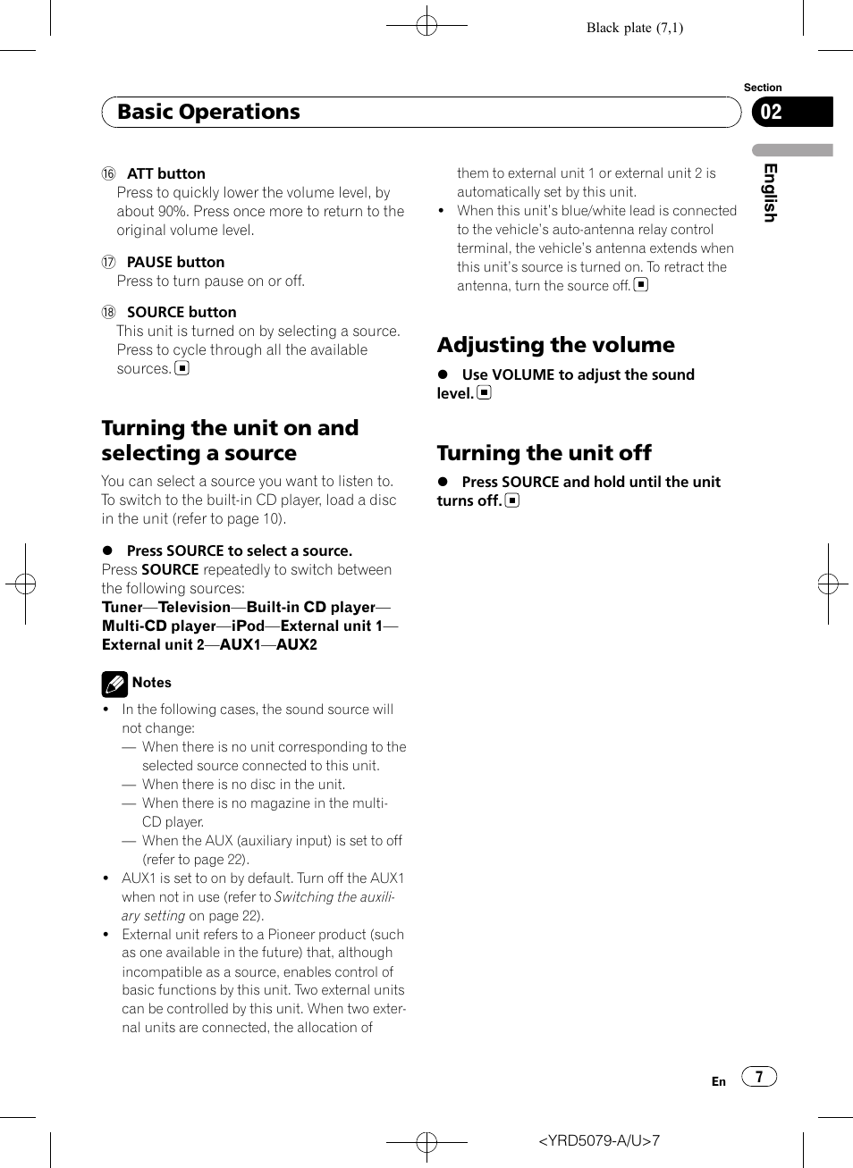 Turning the unit on and selecting a, Source, Adjusting the volume | Turning the unit off, Turning the unit on and selecting a source, Basic operations | Pioneer Super Tuner III D DEH-P3950MP User Manual | Page 7 / 92