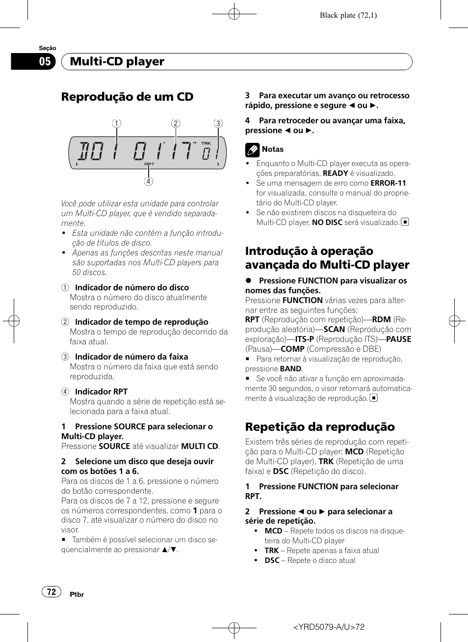 Multi-cd player reprodução de um cd, Introdução à operação avançada do multi-cd, Player | Repetição da reprodução, Reprodução de um cd, Introdução à operação avançada do multi-cd player, Multi-cd player | Pioneer Super Tuner III D DEH-P3950MP User Manual | Page 72 / 92