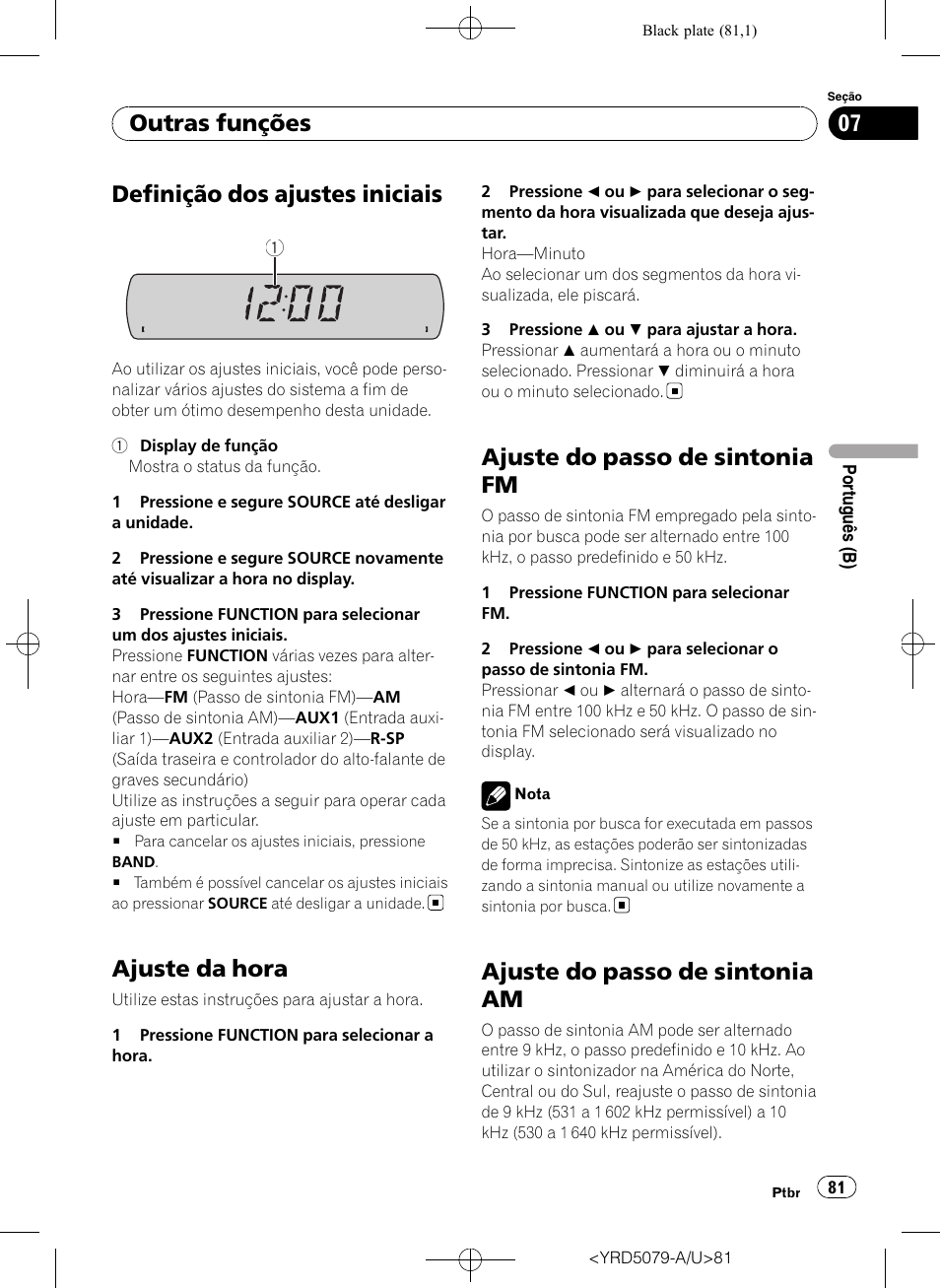 Outras funções definição dos ajustes iniciais, Ajuste da hora, Ajuste do passo de sintonia fm | Ajuste do passo de sintonia am, Definição dos ajustes iniciais, Outras funções | Pioneer Super Tuner III D DEH-P3950MP User Manual | Page 81 / 92