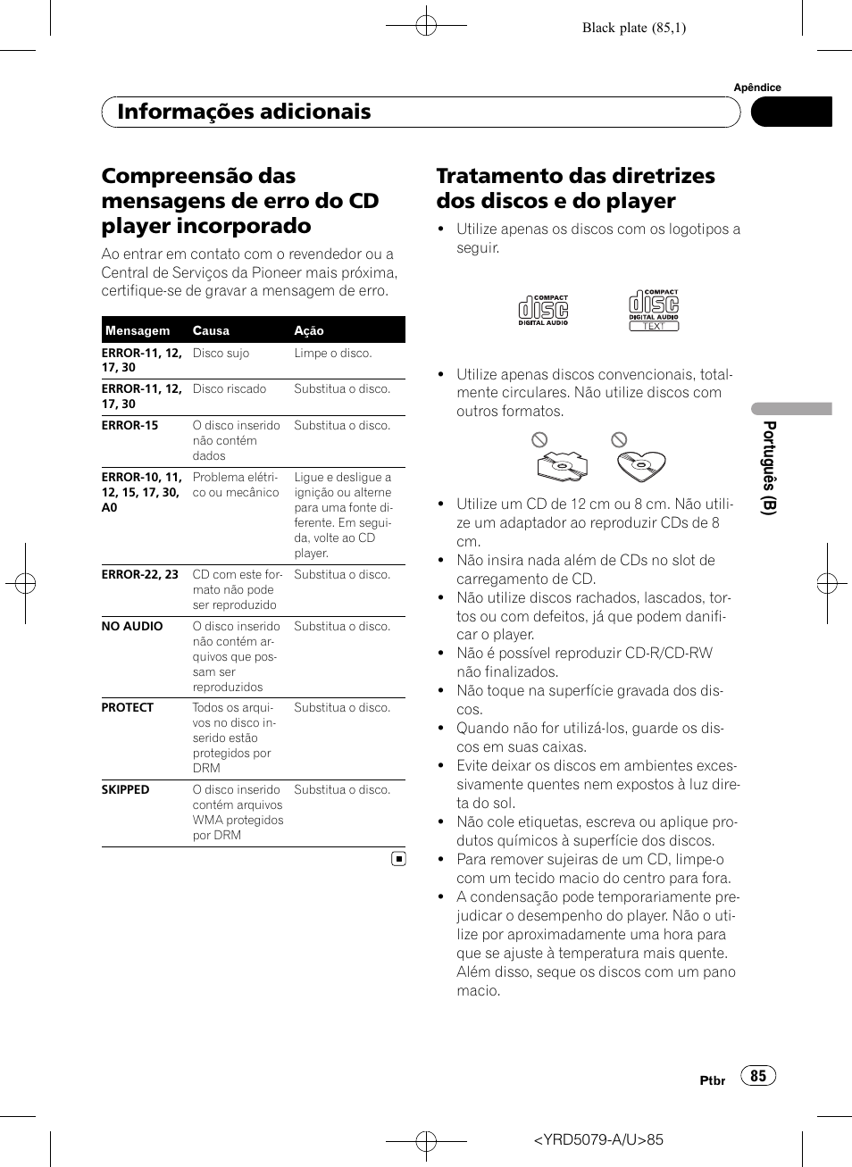 Player incorporado, Tratamento das diretrizes dos discos e do, Player | Tratamento das diretrizes dos discos e do player, Informações adicionais | Pioneer Super Tuner III D DEH-P3950MP User Manual | Page 85 / 92