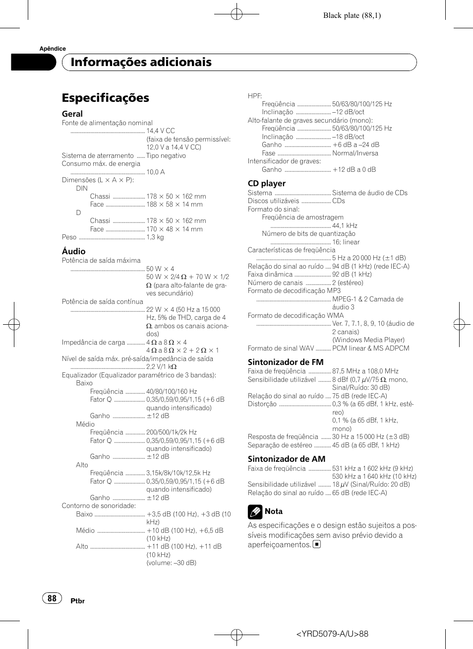 Especificações, Informações adicionais | Pioneer Super Tuner III D DEH-P3950MP User Manual | Page 88 / 92