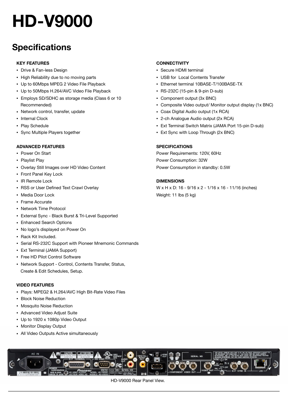 Hd-v9000, Specifications | Pioneer HD-V9000 User Manual | Page 2 / 2