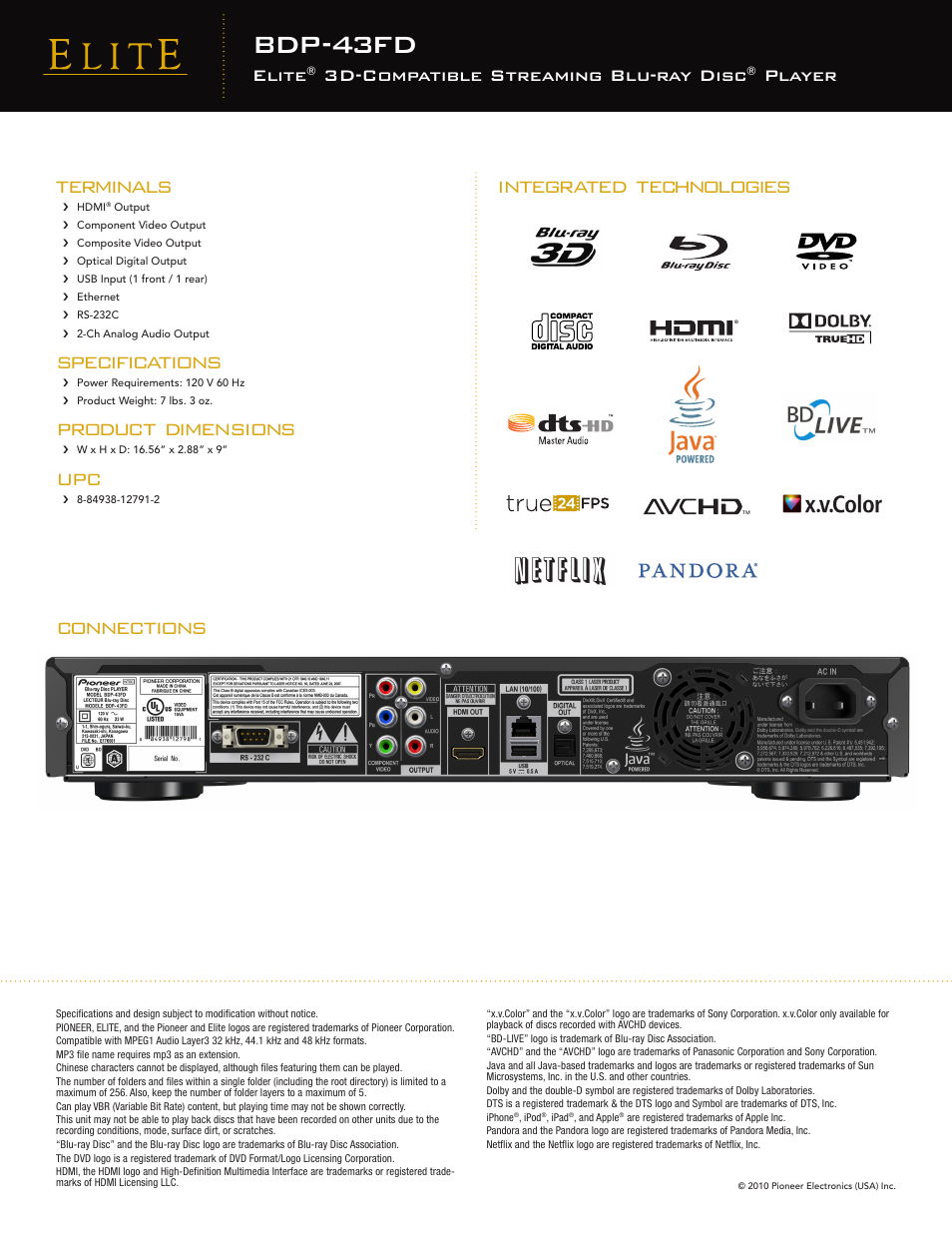 Bdp-43fd, Connections terminals, Specifications | Product dimensions, Integrated technologies, Elite, 3d-compatible streaming blu-ray disc, Player | Pioneer Elite BDP-43FD User Manual | Page 2 / 2