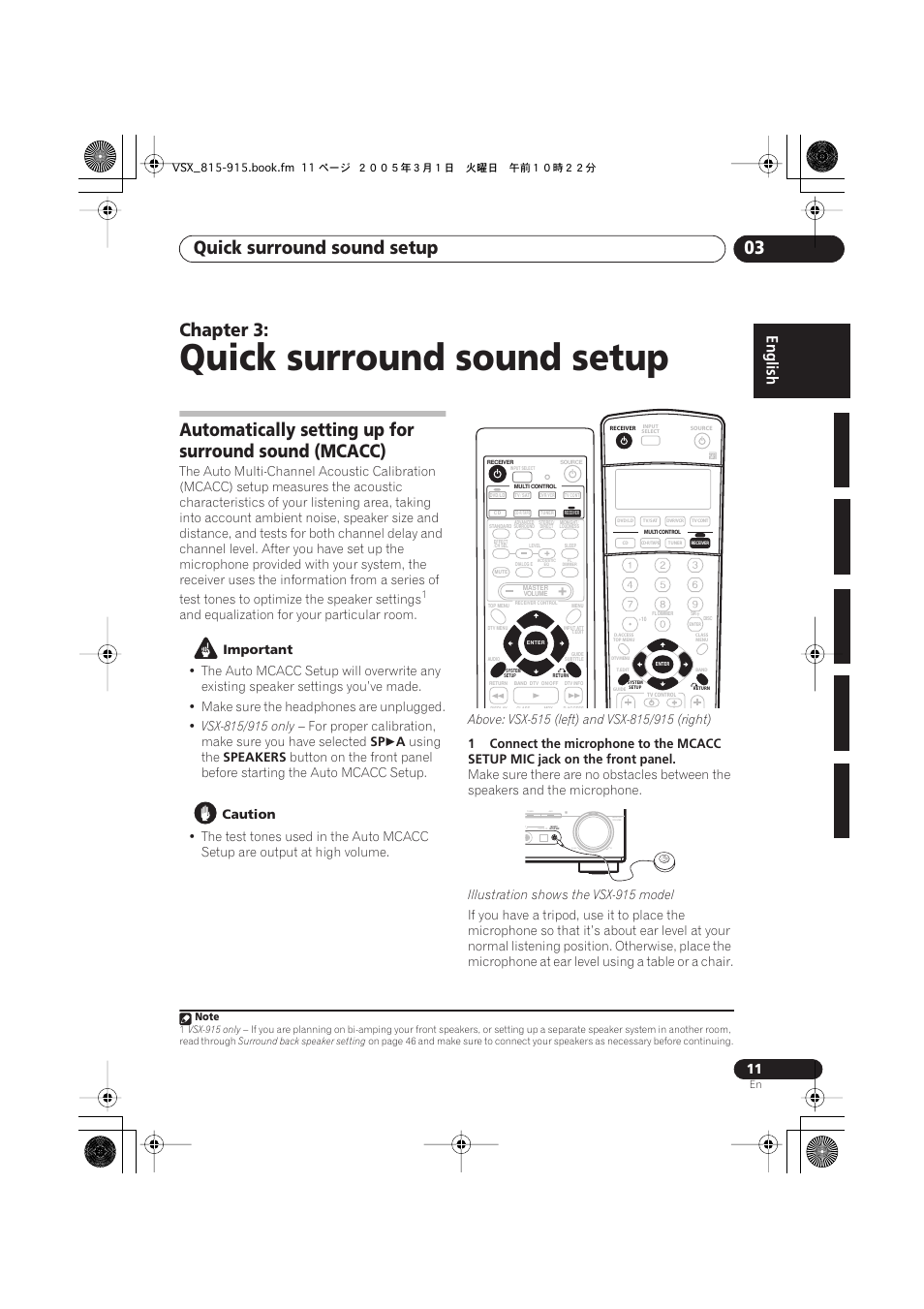 03 quick surround sound setup, Quick surround sound setup, Quick surround sound setup 03 | Chapter 3, Up down, And equalization for your particular room, Important, Using the, Speakers, Caution | Pioneer VSX-515-S/-K User Manual | Page 11 / 84