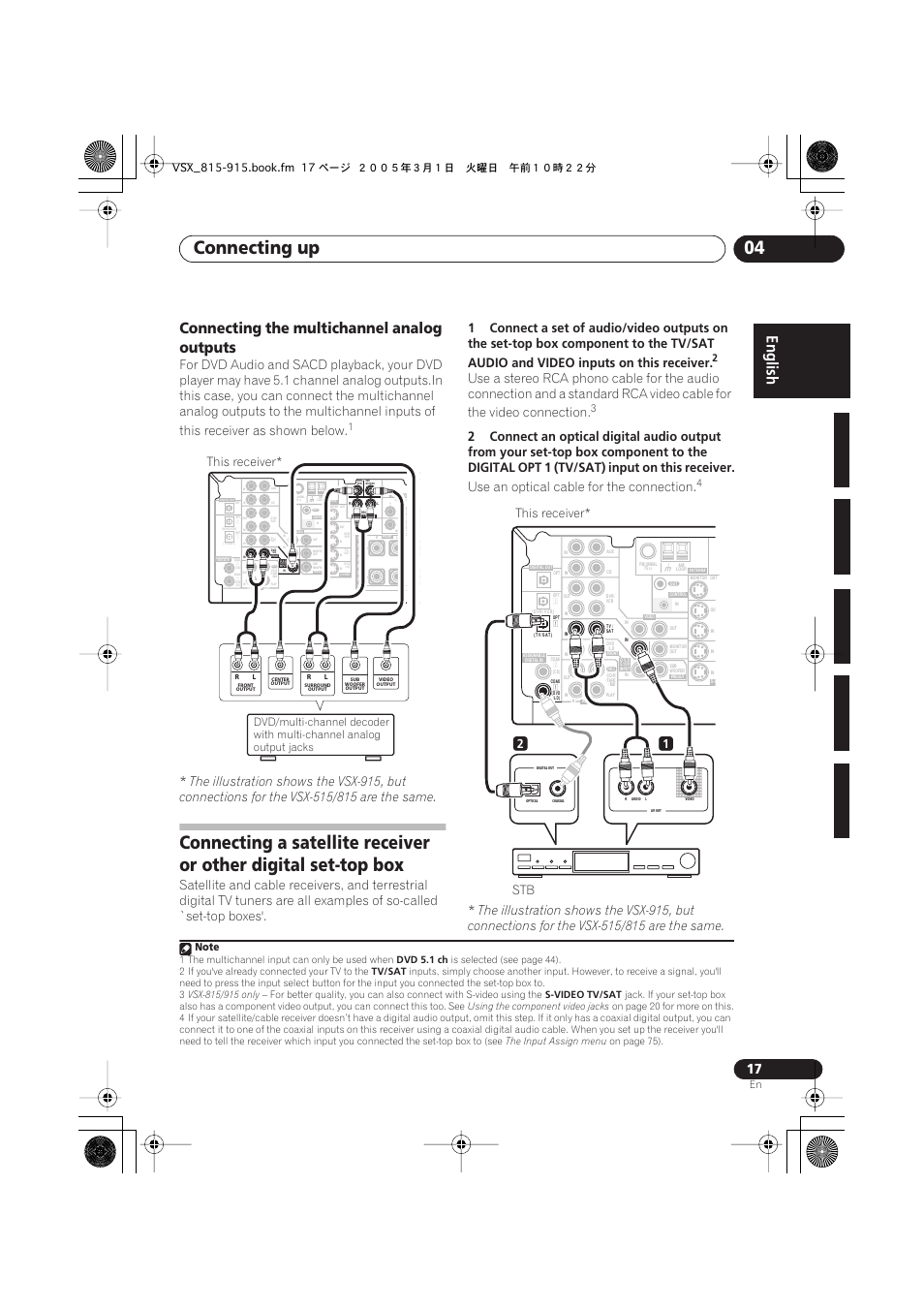 Connecting the multichannel analog outputs, Connecting up 04, Use an optical cable for the connection | This receiver | Pioneer VSX-515-S/-K User Manual | Page 17 / 84