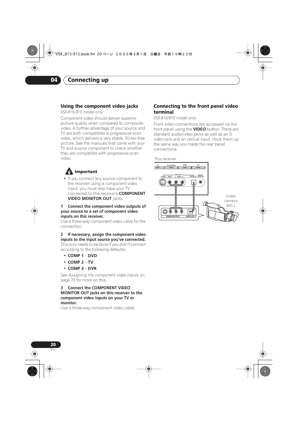 Using the component video jacks, Connecting to the front panel video terminal, Connecting up 04 | Pioneer VSX-515-S/-K User Manual | Page 20 / 84