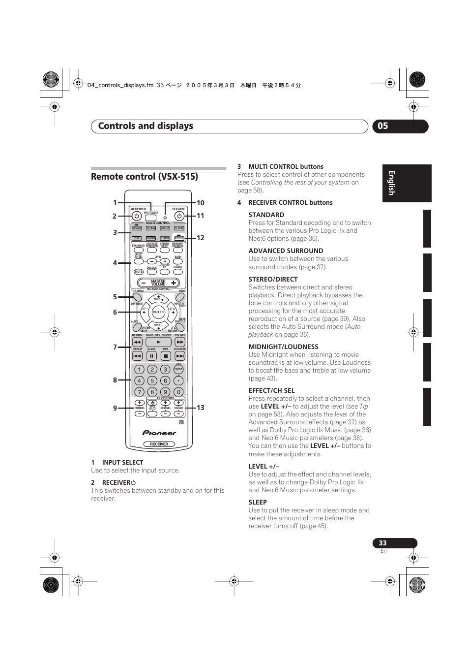 Remote control (vsx-515), Controls and displays 05 | Pioneer VSX-515-S/-K User Manual | Page 33 / 84