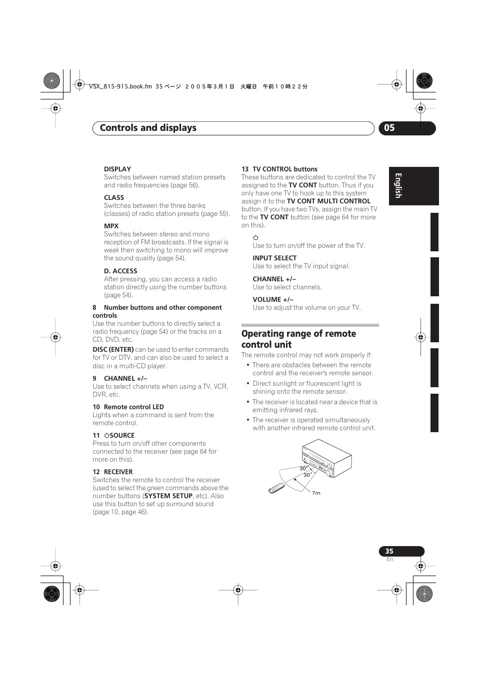 Operating range of remote control unit, Controls and displays 05 | Pioneer VSX-515-S/-K User Manual | Page 35 / 84