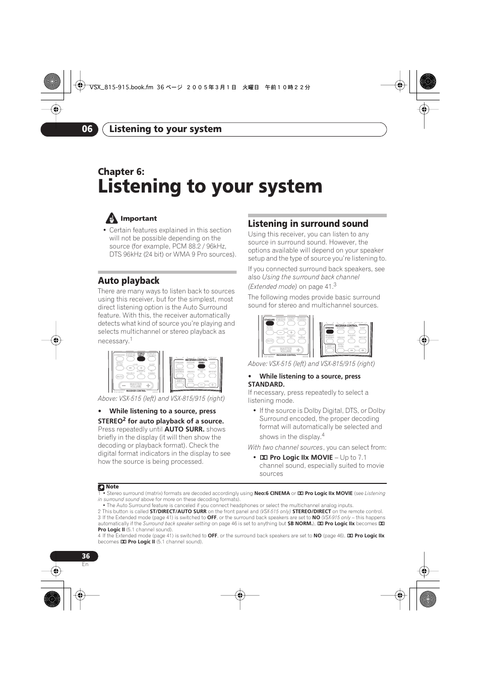 06 listening to your system, Auto playback, Listening in surround sound | Listening to your system, Listening to your system 06, Chapter 6 | Pioneer VSX-515-S/-K User Manual | Page 36 / 84