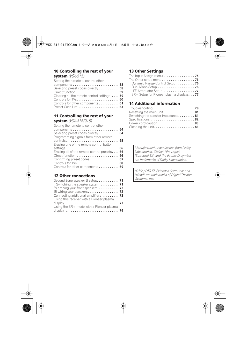 12 other connections, 13 other settings, 14 additional information | Pioneer VSX-515-S/-K User Manual | Page 4 / 84