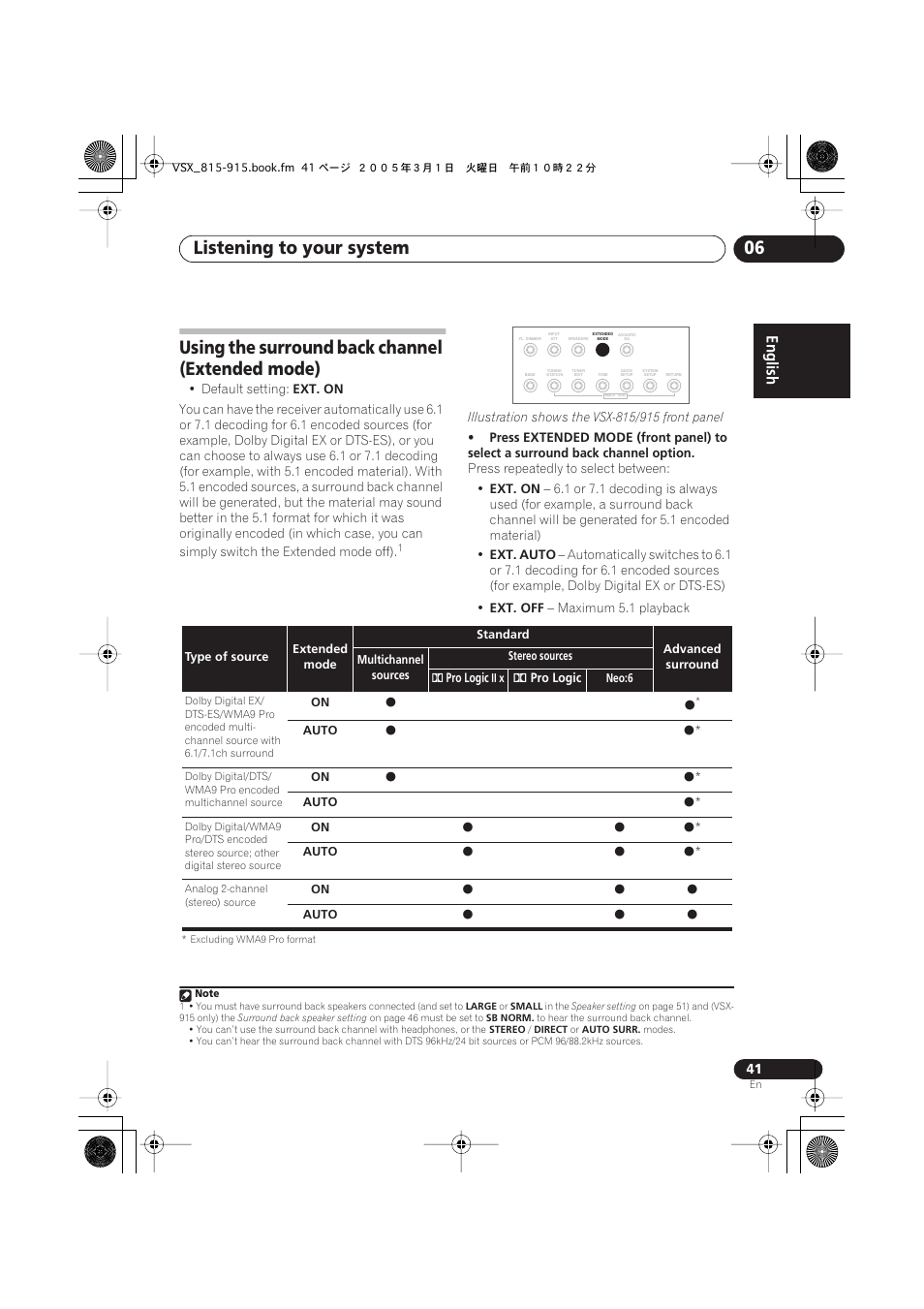 Using the surround back channel (extended mode), Listening to your system 06 | Pioneer VSX-515-S/-K User Manual | Page 41 / 84