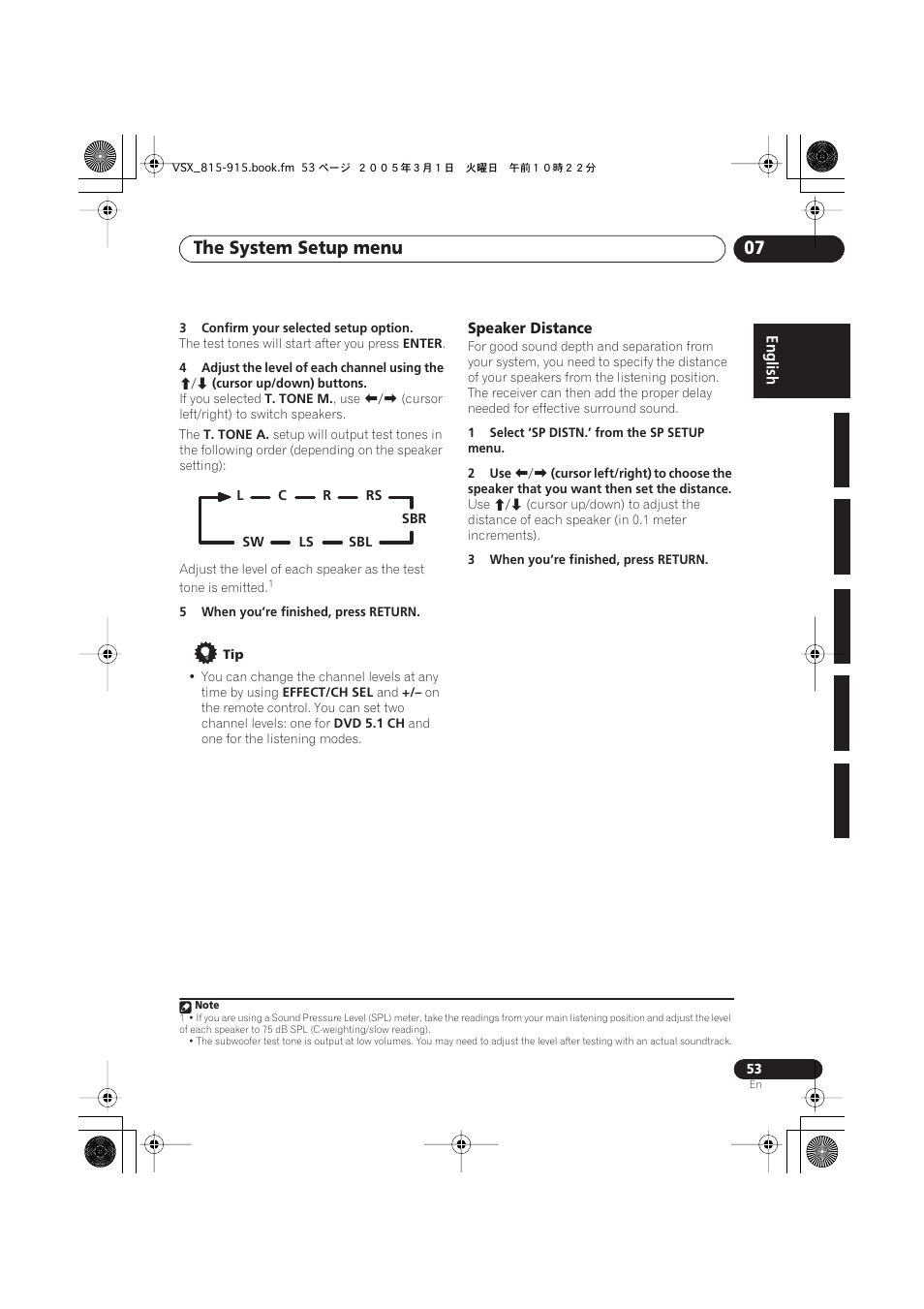 Speaker distance, The system setup menu 07 | Pioneer VSX-515-S/-K User Manual | Page 53 / 84