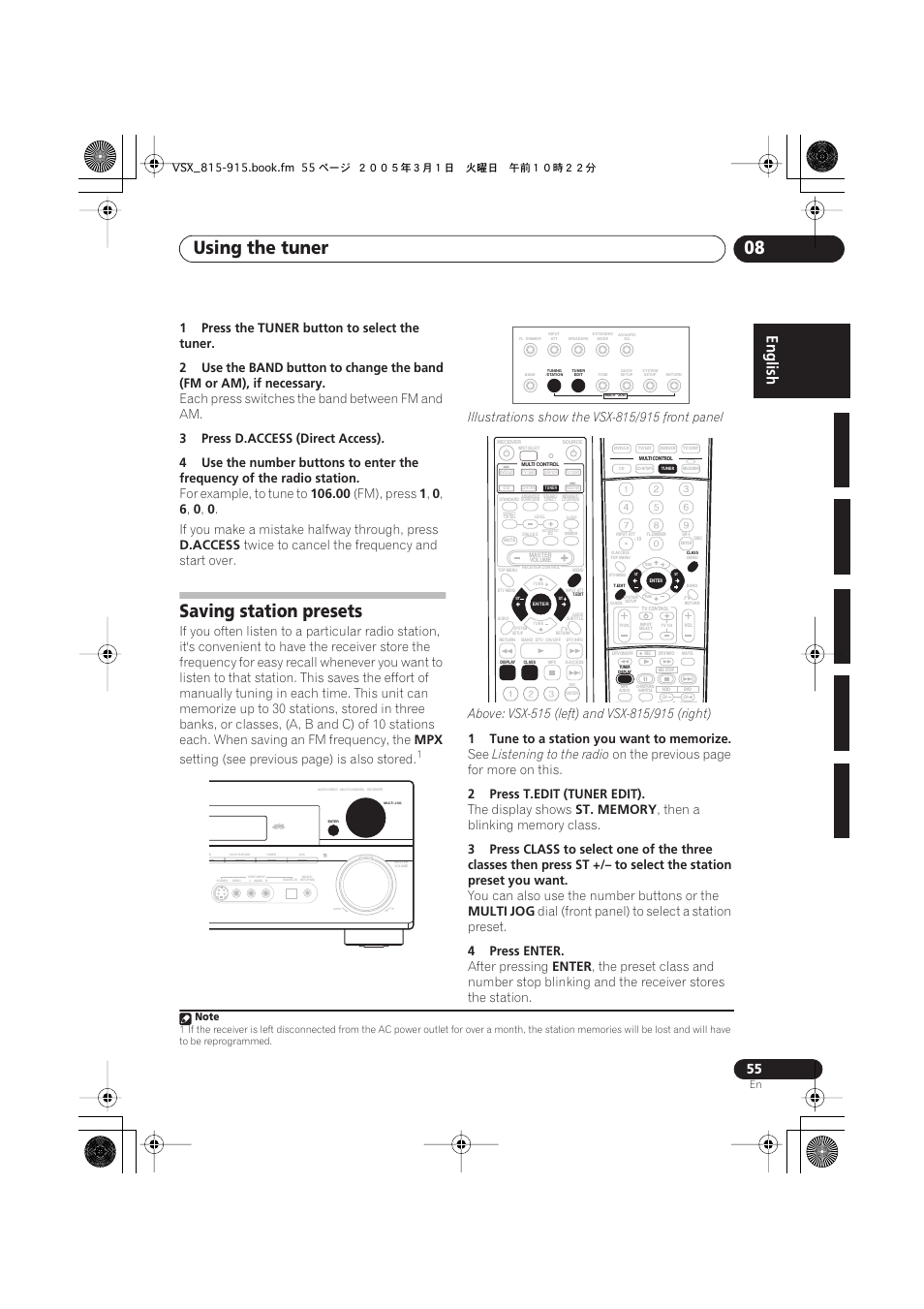 Saving station presets, Using the tuner 08, 1press the | Tuner, Each press switches the band between fm and am, For example, to tune to, Fm), press, If you make a mistake halfway through, press, D.access, Twice to cancel the frequency and start over | Pioneer VSX-515-S/-K User Manual | Page 55 / 84