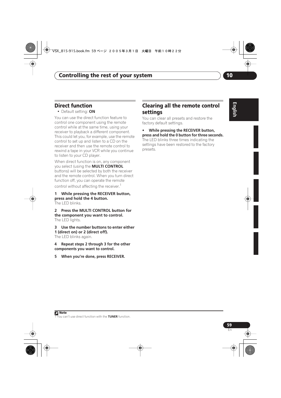 Direct function, Clearing all the remote control settings, Controlling the rest of your system 10 | Pioneer VSX-515-S/-K User Manual | Page 59 / 84