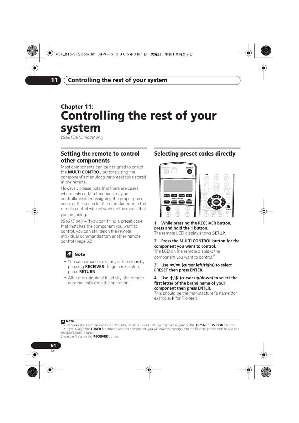 Setting the remote to control other components, Selecting preset codes directly, Controlling the rest of your system | Controlling the rest of your system 11, Chapter 11 | Pioneer VSX-515-S/-K User Manual | Page 64 / 84