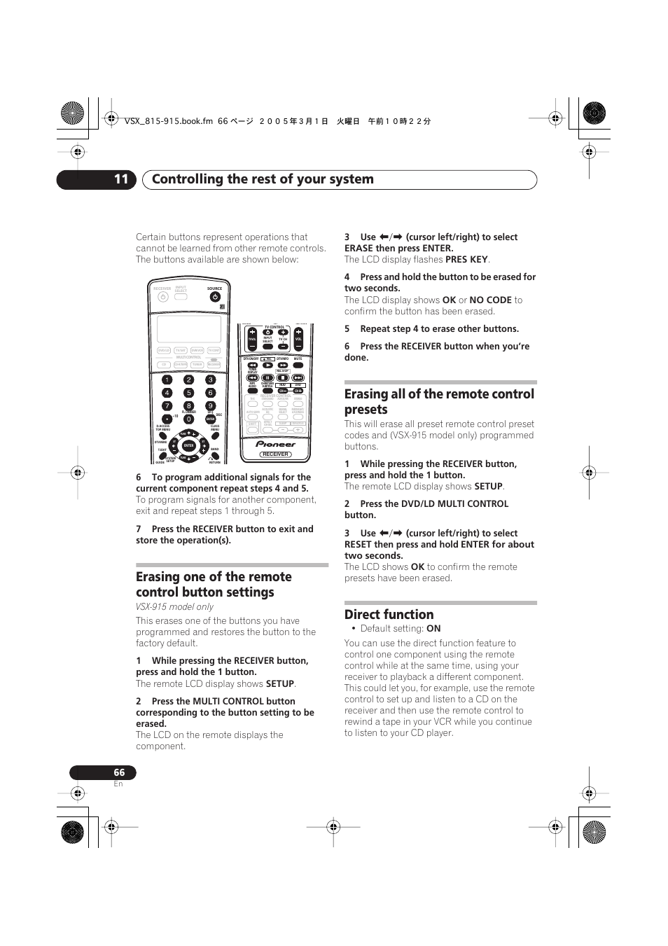 Erasing one of the remote control button settings, Erasing all of the remote control presets, Direct function | Controlling the rest of your system 11 | Pioneer VSX-515-S/-K User Manual | Page 66 / 84