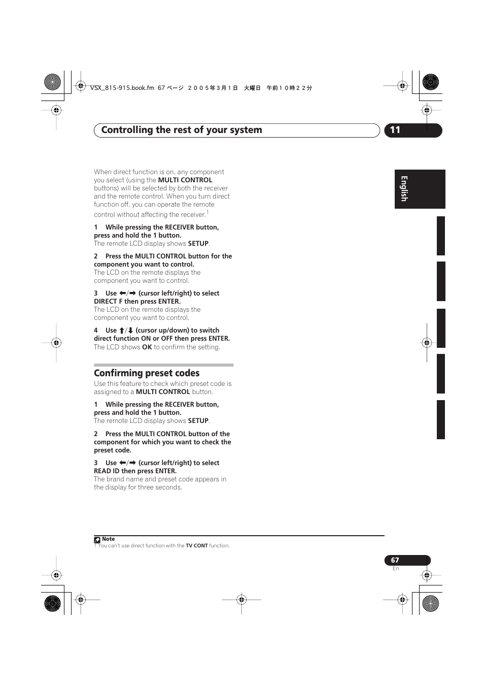Confirming preset codes, Controlling the rest of your system 11 | Pioneer VSX-515-S/-K User Manual | Page 67 / 84