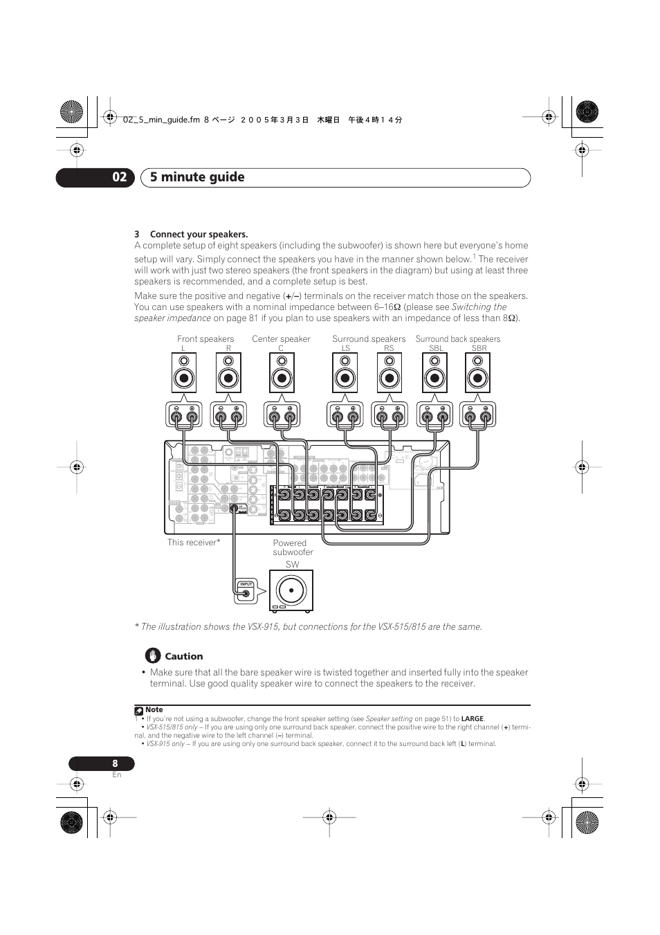 5 minute guide 02, Front speakers, Surround back speakers center speaker | Lr c ls rs, Sbl sbr, 02_5_min_guide.fm 8 ページ ２００５年３月３日 木曜日 午後４時１４分 | Pioneer VSX-515-S/-K User Manual | Page 8 / 84
