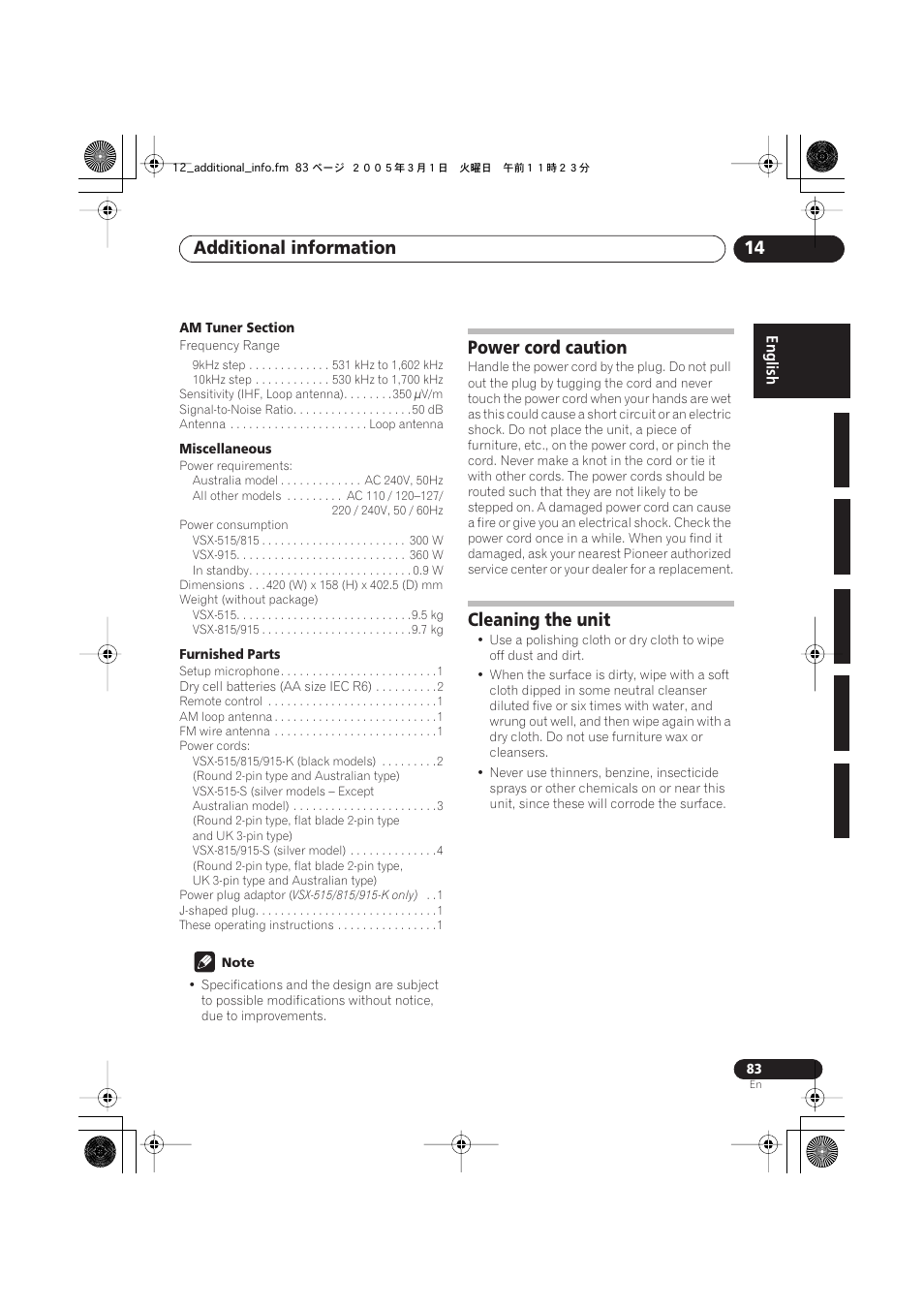Power cord caution, Cleaning the unit, Additional information 14 | Pioneer VSX-515-S/-K User Manual | Page 83 / 84