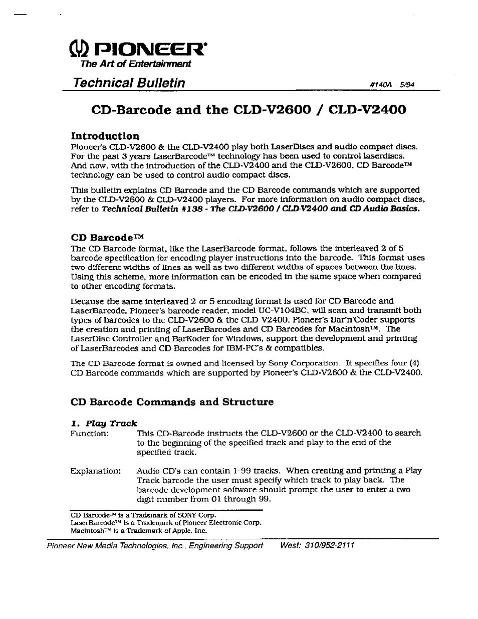 Pioneer BARCODE CLD-V2400 User Manual | 4 pages